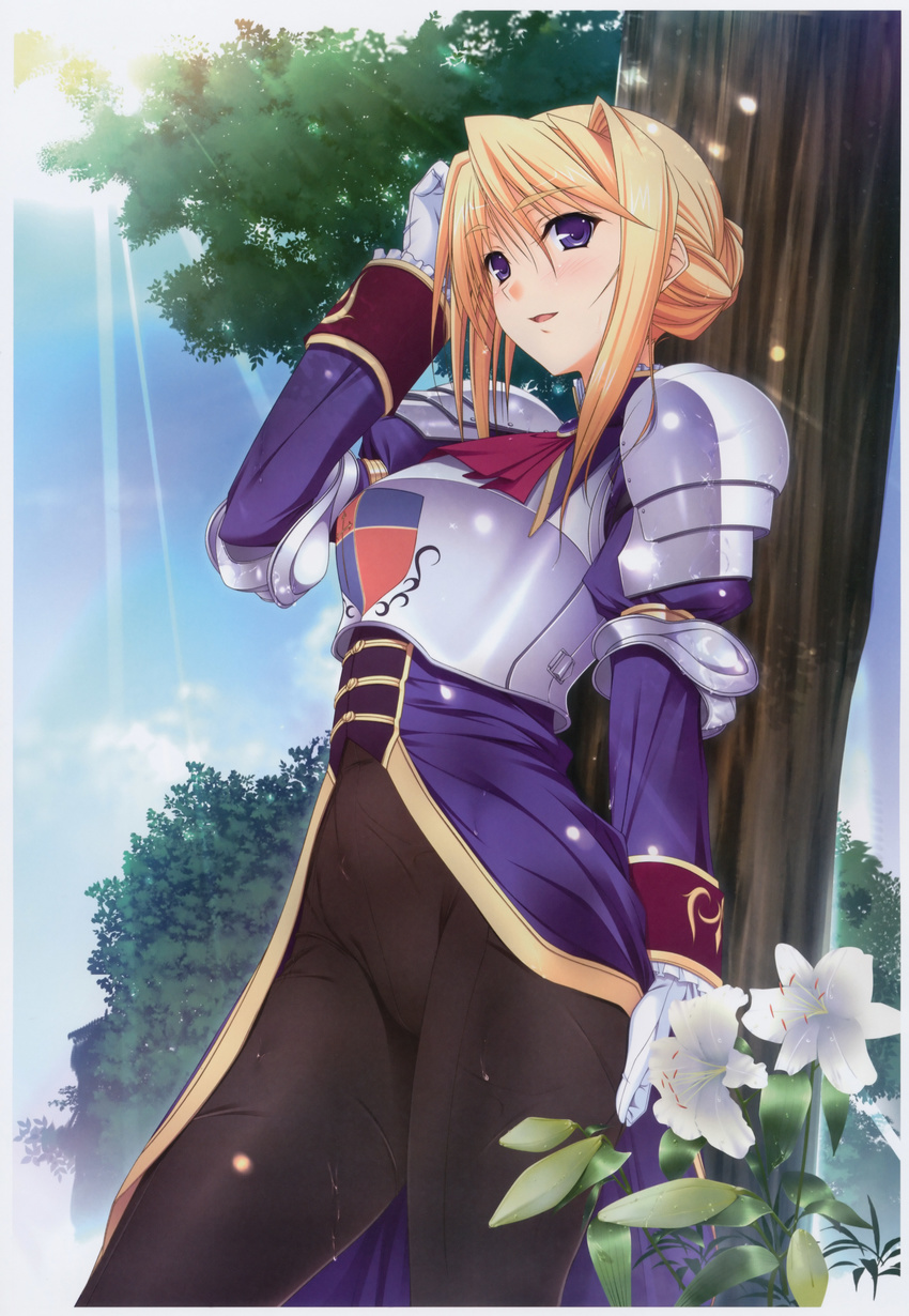 absurdres adjusting_hair armor black_legwear blonde_hair blue_eyes breastplate bud couter cuirass female flower gloves highres komori_kei lens_flare lily_(flower) long_sleeves official_art pants pauldrons photoshop_(medium) princess_lover scan short_hair shoulder_armor silvia_van_hossen solo tree white_flower white_gloves white_lily