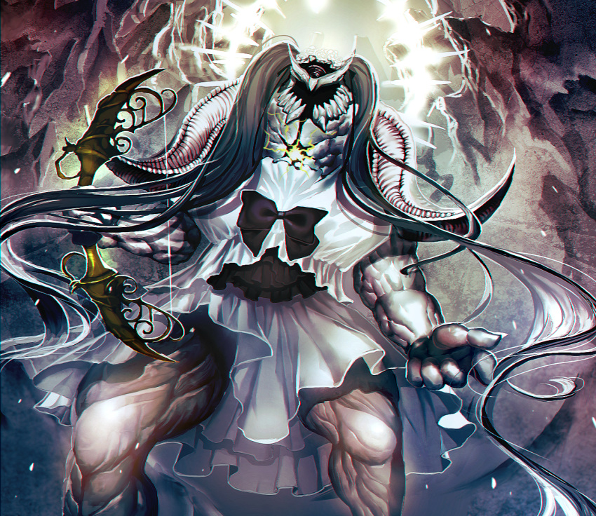 1boy black_bow bow bow_(weapon) commentary_request cosplay crossdressing dress electricity euryale_(fate) euryale_(fate)_(cosplay) euryale_(third_ascension)_(fate) euryale_(third_ascension)_(fate)_(cosplay) fate/grand_order fate_(series) glowing halo highres holding holding_bow_(weapon) holding_weapon horns ivan_the_terrible_(fate) long_hair male_focus marimoppoi muscular solo twintails very_long_hair weapon white_dress