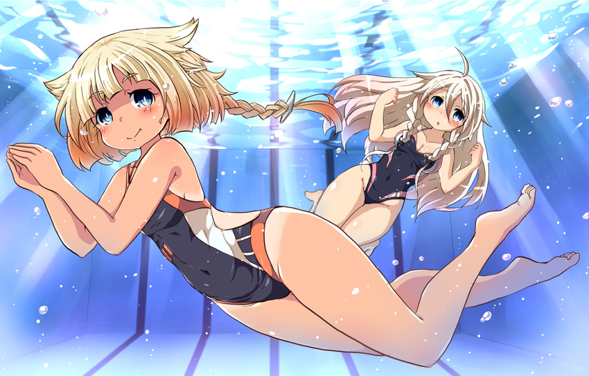 2girls blonde_hair blue_eyes braid cevio commentary_request competition_swimsuit ia_(vocaloid) long_hair mochizuki_usagi multiple_girls one-piece_swimsuit one-piece_tan one_(cevio) short_hair_with_long_locks single_braid swimsuit tan tanlines twin_braids underwater vocaloid