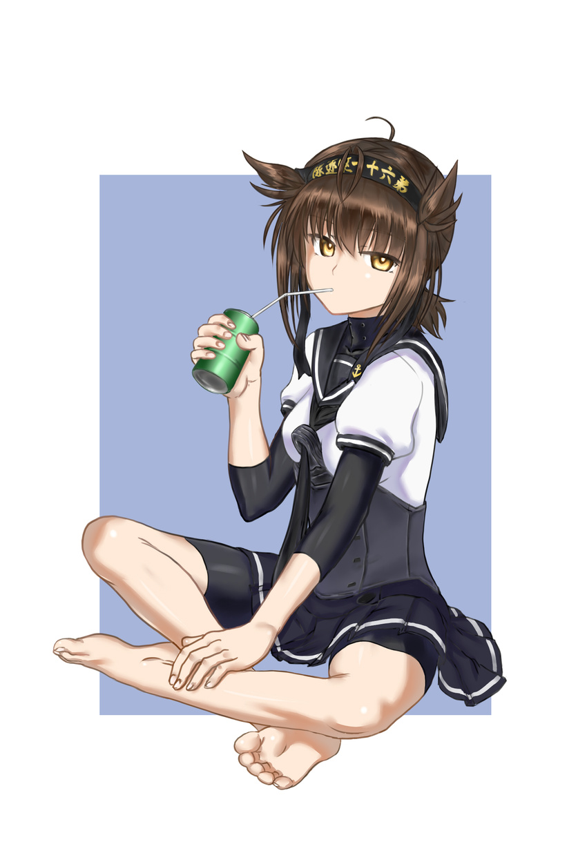 absurdres bad_id bad_pixiv_id barefoot bike_shorts brown_hair drinking drinking_straw feet female full_body hair_flaps hands_on_feet hatsuzuki_(kancolle) headband highres indian_style kantai_collection looking_at_viewer pleated_skirt school_uniform serafuku short_hair sitting skirt soles solo souji_kurokawa toes yellow_eyes