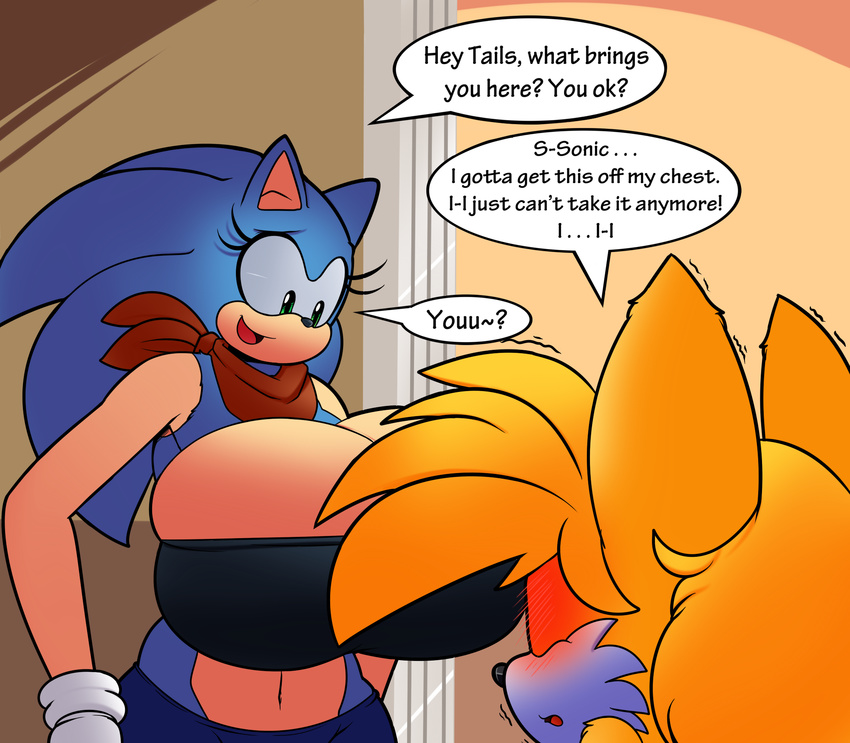 anthro big_breasts blush breasts canid canine cleavage clothed clothing curvy_figure denizen1414 dialogue digital_media_(artwork) duo english_text eulipotyphlan female fox green_eyes hedgehog hi_res huge_breasts hyper hyper_breasts mammal rule_63 scarf sega sonic_the_hedgehog sonic_the_hedgehog_(series) speech_bubble superbunnygt tails text thick_thighs topwear tube_top voluptuous