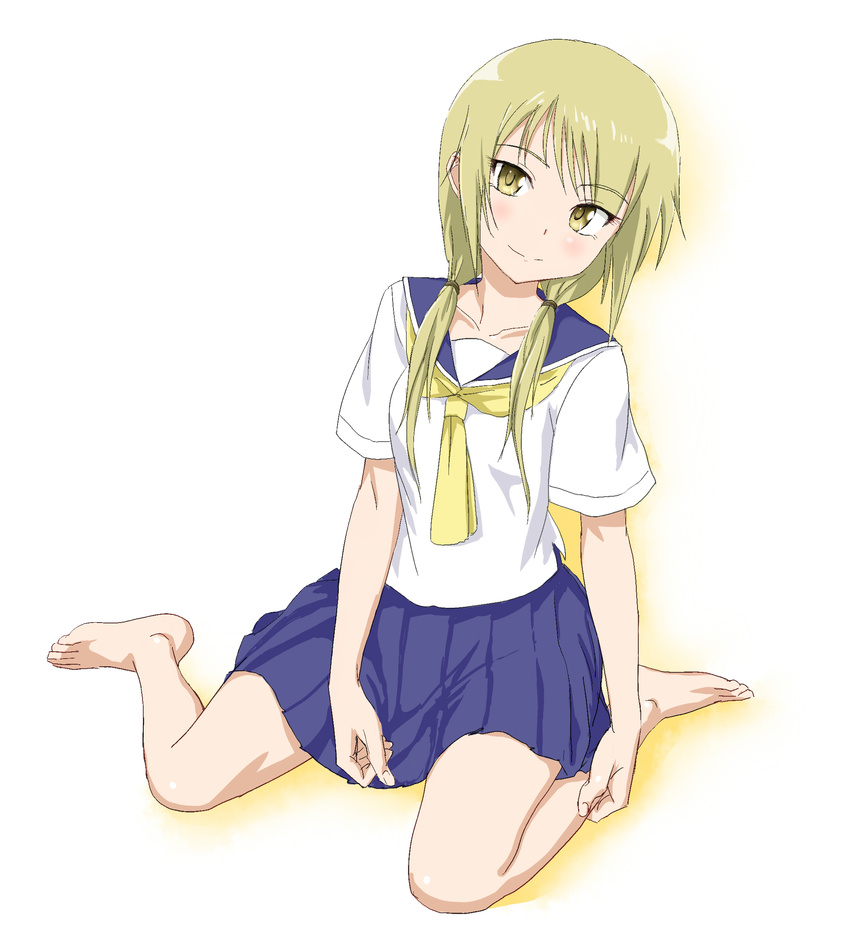 bad_id bad_pixiv_id barefoot blonde_hair blush female full_body highres ichii_yui long_hair looking_at_viewer pleated_skirt school_uniform serafuku sitting skirt smile solo souji_kurokawa twintails wariza yellow_eyes yuyushiki yuyushiki's_school_uniform