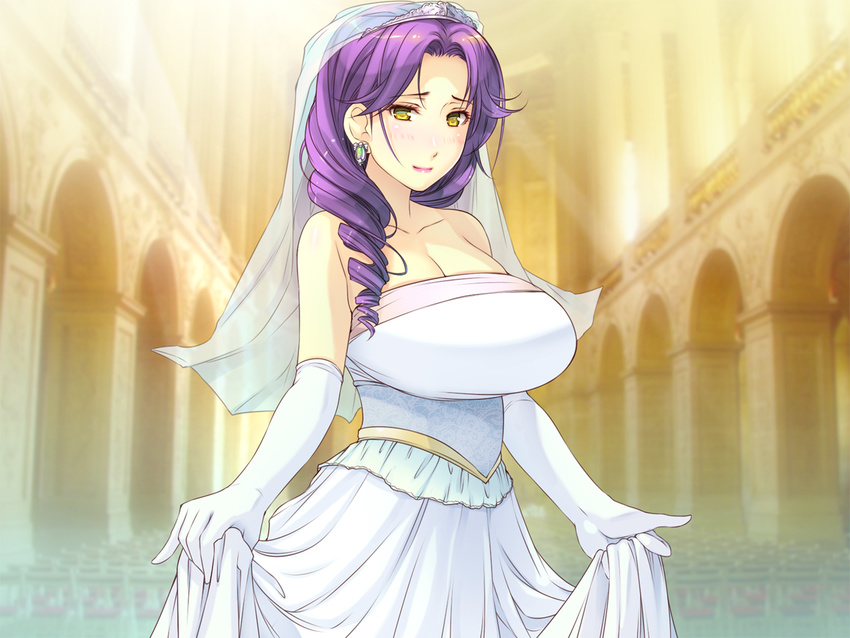 bare_shoulders blush breasts bridal_veil cleavage collarbone cowboy_shot dress earrings female highres huge_breasts indoors long_hair looking_at_viewer original purple_hair smile solo standing strapless wedding_dress yellow_eyes yoko_jyusuke