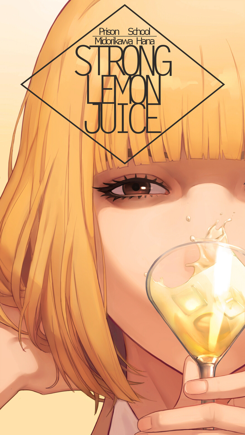 blunt_bangs brown_eyes character_name close-up commentary_request cup drink drinking_glass english_text female glass highres looking_at_viewer midorikawa_hana prison_school short_hair solo vocky wine_glass