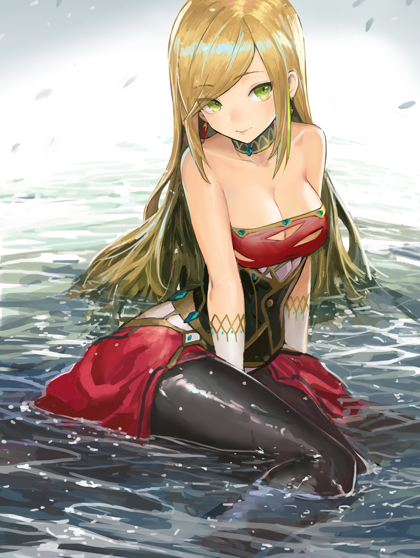 angelia_carlos arm_support bare_shoulders black_pantyhose blonde_hair blush breasts canking chinese_commentary collarbone commentary dress earrings female green_eyes highres jewelry lips long_hair looking_at_viewer medium_breasts off_shoulder pantyhose partially_submerged photoshop_(medium) red_dress sdorica short_dress sitting solo swept_bangs water wet wet_clothes