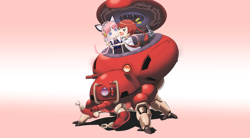 >_< 2girls android animal_ears cat_ears clarion closed_eyes commentary_request creator_connection crossover cyborg fuchikoma ghost_in_the_shell hair_ornament highres hug koukaku_no_pandora mecha multiple_girls nanakorobi_nene open_cockpit pink_hair red_hair ricochi robot