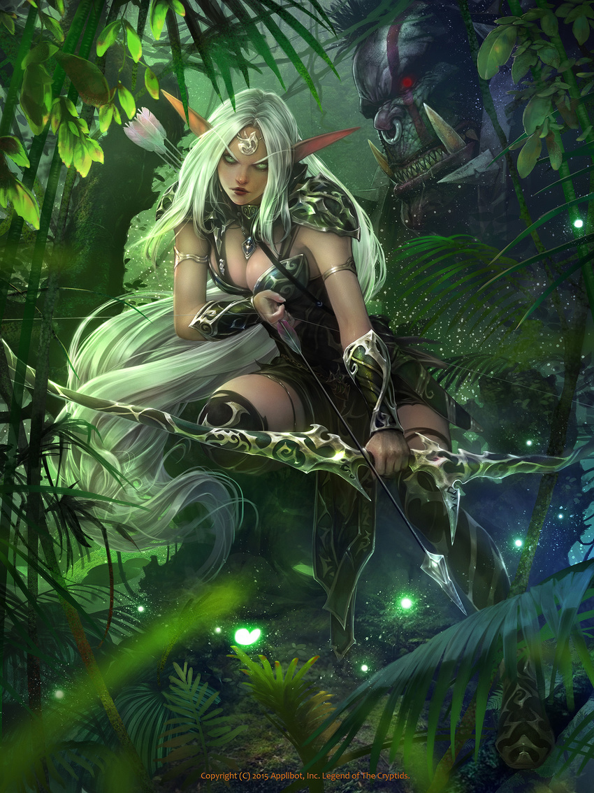 :| amulet archer_pose archery armband armlet armor arrow_(projectile) boots bow_(weapon) breasts bush cleavage closed_mouth collar commentary copyright_name dagger dated elf english_commentary female fingernails forest full_body glowing grass green_eyes highres jewelry kisuny_park knife large_breasts leaf legend_of_the_cryptids lips long_eyebrows long_hair looking_at_viewer nature necklace official_art orc outdoors pauldrons photoshop_(medium) plant pointy_ears quiver sheath shoulder_armor solo squatting thigh_boots thighhighs thighlet tiara v-shaped_eyebrows watermark weapon white_hair