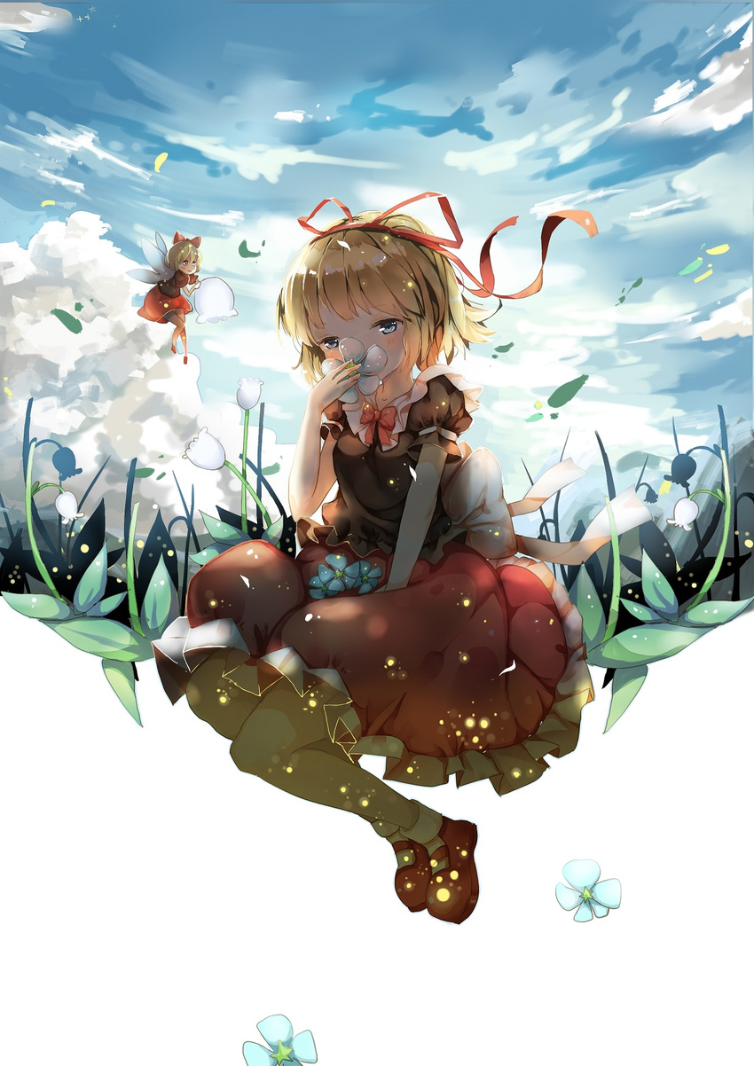 backlighting blonde_hair blue_eyes blush cloud commentary_request covering_own_mouth fairy fairy_wings female flower hair_ornament hair_ribbon highres lily_of_the_valley looking_at_viewer mary_janes medicine_melancholy puffy_sleeves ribbon shirt shoes short_hair short_sleeves sitting skirt sky smile socks solo su-san teeth_(artist) touhou white_socks wings