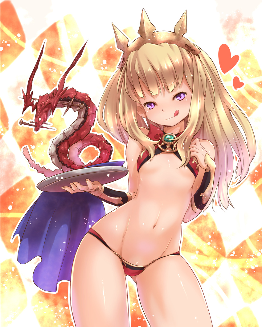 :q bare_shoulders blonde_hair cagliostro_(granblue_fantasy) commentary_request crown dragon eastern_dragon female granblue_fantasy heart highres long_hair navel ouroboros_(granblue_fantasy) purple_eyes solo tongue tongue_out tsukigami_chronica