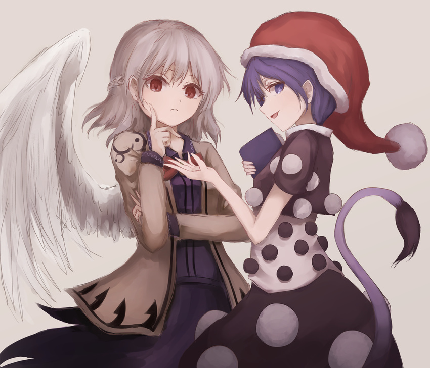 2girls absurdres bad_id bad_pixiv_id blue_eyes blue_hair book bow bowtie braid doremy_sweet dress feathered_wings french_braid grey_background grey_hair hand_on_own_cheek hand_on_own_face hat highres holding holding_book jacket kishin_sagume long_sleeves looking_at_viewer looking_to_the_side multiple_girls nightcap open_clothes open_jacket open_mouth pom_pom_(clothes) profile purple_dress red_eyes short_hair short_sleeves simple_background single_wing tail tapir_tail thkani touhou white_wings wings