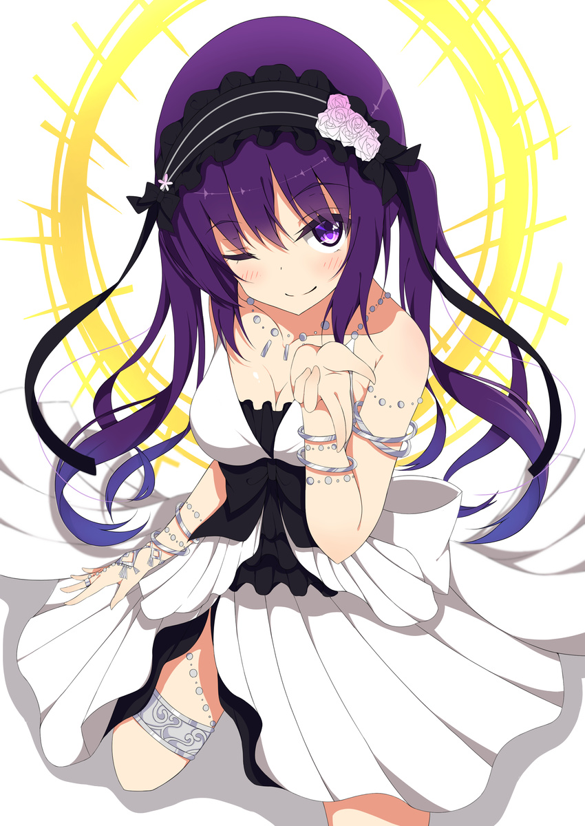 absurdres bad_id bad_pixiv_id bare_shoulders black_hairband blush bracelet breasts cleavage closed_mouth collarbone commentary cosplay dress euryale_(fate) euryale_(fate)_(cosplay) euryale_(third_ascension)_(fate) euryale_(third_ascension)_(fate)_(cosplay) fate/hollow_ataraxia fate_(series) female from_above gochuumon_wa_usagi_desu_ka? hairband highres jewelry kneeling lolita_hairband long_hair looking_at_viewer medium_breasts mottsun_(i_40y) necklace one_eye_closed purple_eyes purple_hair shadow sleeveless sleeveless_dress smile solo tedeza_rize trait_connection twintails two-tone_background very_long_hair white_dress