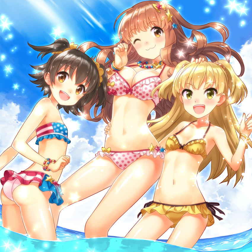 3girls :d ;3 adapted_costume akagi_miria ass bikini black_hair blonde_hair blush bracelet breasts brown_eyes brown_hair buntan cleavage commentary_request day decoration_(idolmaster) frilled_bikini frills hair_ornament hand_on_another's_hip hand_on_head highres idolmaster idolmaster_cinderella_girls jewelry jougasaki_rika long_hair looking_at_viewer moroboshi_kirari multiple_girls navel one_eye_closed open_mouth outdoors pikapikapop_(idolmaster) polka_dot polka_dot_bikini short_hair small_breasts smile sparkle striped_bikini striped_clothes swimsuit two_side_up wading water yellow_bikini