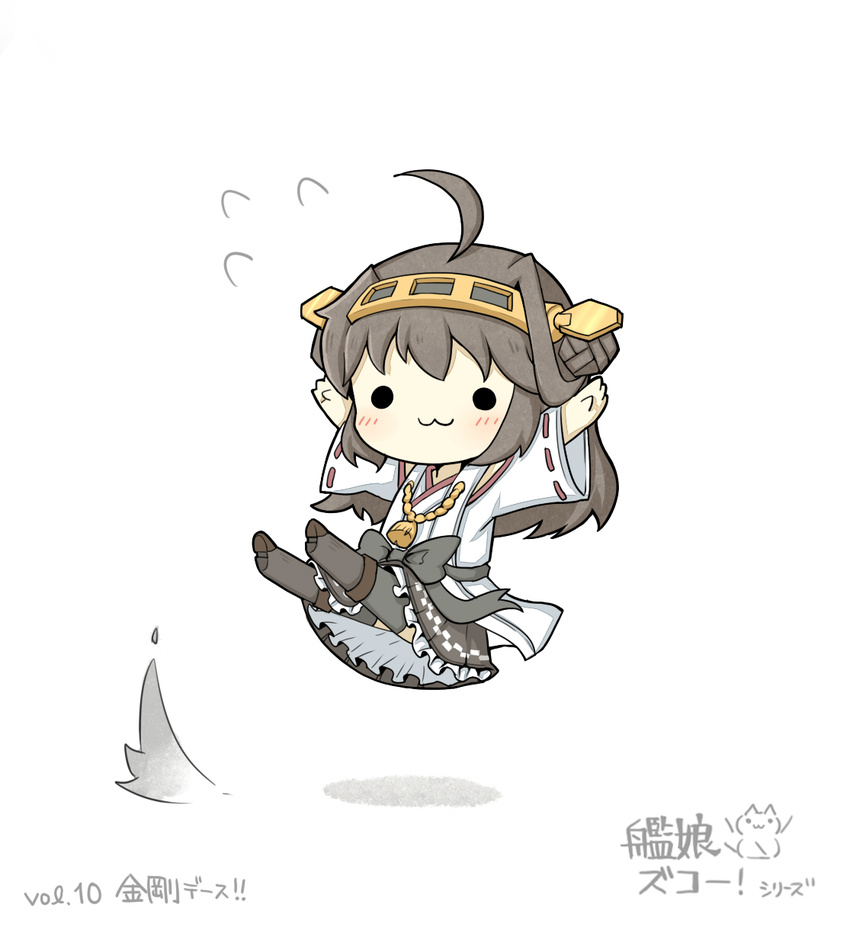 :3 ahoge arms_up bad_id bad_pixiv_id boots bow brown_hair chibi female flying_sweatdrops hair_bun hairband headgear highres japanese_clothes kantai_collection kongou_(kancolle) legs_up long_hair nontraditional_miko ribbon-trimmed_sleeves ribbon_trim shadow simple_background single_hair_bun skirt solo thigh_boots thighhighs white_background yuasan