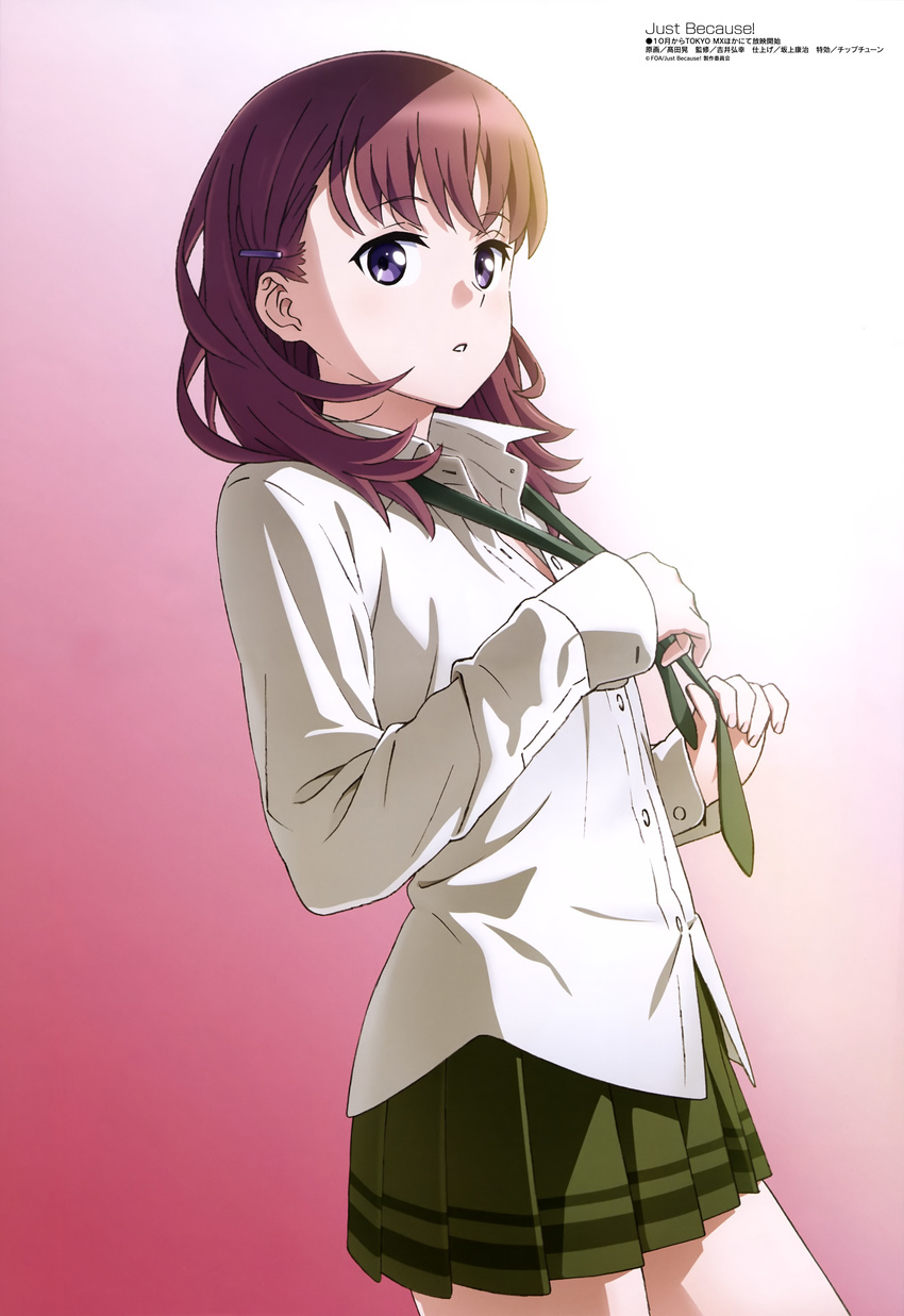 absurdres blunt_bangs brown_hair dress_shirt female from_side hair_ornament hairclip highres just_because! long_hair looking_at_viewer magazine_scan megami_magazine natsume_mio necktie official_art purple_eyes scan shirt simple_background skirt solo takata_akira