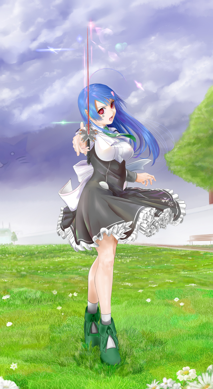 absurdres blue_hair breasts cloud cloudy_sky commentary_request day dress female field fighting_stance flower full_body hair_ornament hairclip high_heels highres large_breasts lens_flare long_hair mitonoya_saki nanashi_(futaba) petticoat pumps red_eyes sky solo sword vanguard_princess weapon wind