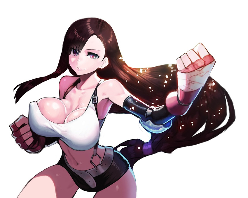 bad_id bad_pixiv_id bare_shoulders belt bouncing_breasts breasts brown_hair cleavage crop_top doku-chan_(dokkudokudoku) female final_fantasy final_fantasy_vii fingerless_gloves gloves large_breasts long_hair looking_at_viewer navel photoshop_(medium) red_eyes simple_background skirt smile solo suspender_skirt suspenders thighs tifa_lockhart very_long_hair white_background