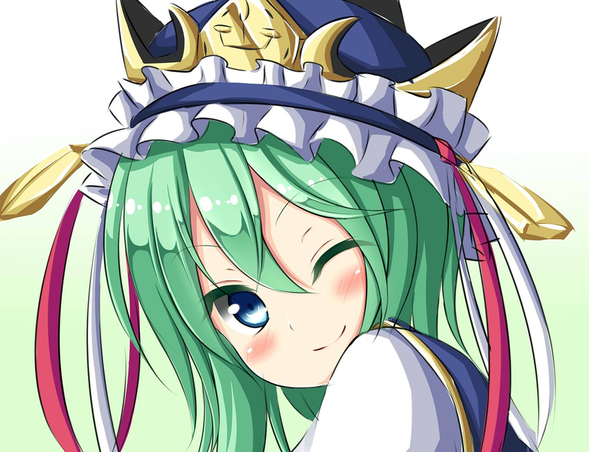 ;) asymmetrical_hair blue_eyes blush closed_mouth commentary_request crown female green_hair looking_at_viewer mochizuki_hull one_eye_closed portrait ribbon shiki_eiki smile solo tabard touhou