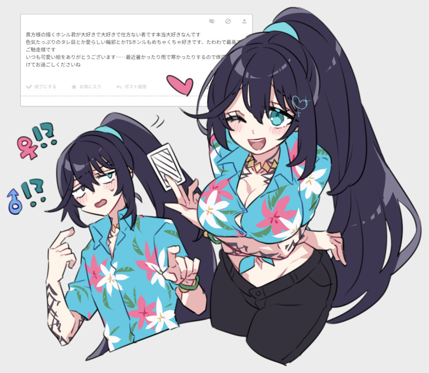 1girls big_breasts blue_eyes blush cleavage clothing heterochromia hong_lu hong_lu_(limbus_company) limbus_company long_hair ponytail project_moon revealing_clothes rule_63 shirt tattoo tattoos violet_hair wink