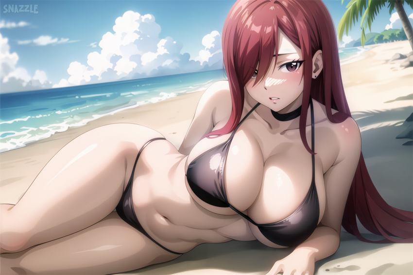 ai_generated bare_arms bare_shoulders beach bikini black_bikini breasts cleavage collarbone curvy day earrings erza_scarlet fairy_tail hair_over_one_eye large_breasts long long_hair looking_at_viewer lying midriff navel outdoors red_hair sand sky snazzdaz snazzle stable_diffusion watermark