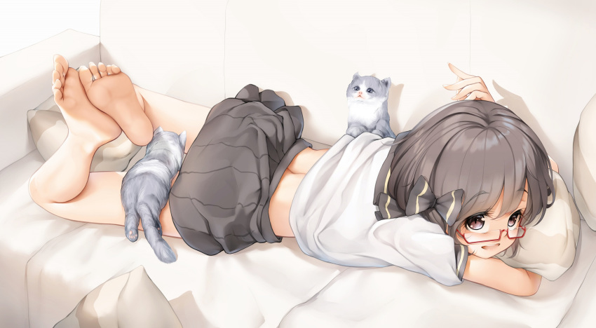 an-telin barefoot bow commentary_request feet feline female glasses grey_eyes grey_hair grey_skirt highres looking_at_viewer lying midriff_peek on_stomach original photoshop_(medium) pillow pleated_skirt school_uniform shirt short_hair short_sleeves skirt soles solo toes white_shirt