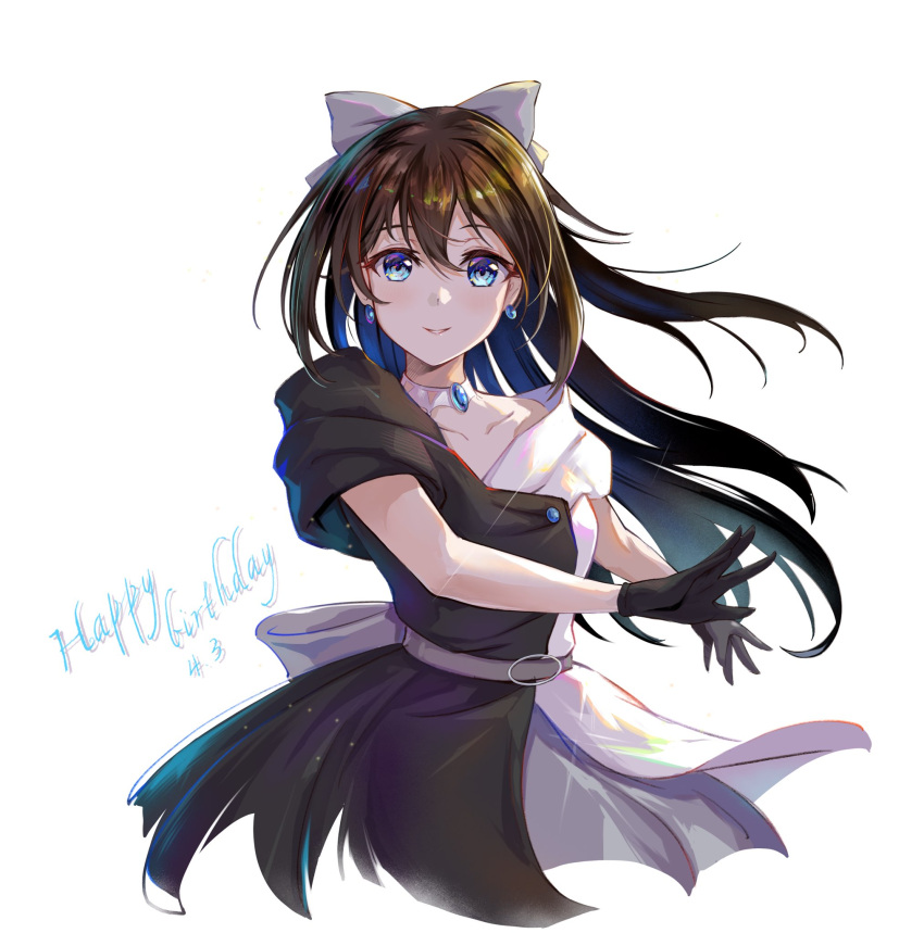 birthday black_gloves blue_eyes brown_hair collarbone commentary dated earrings english_text female gloves hair_ribbon half_updo happy_birthday highres jewelry long_hair looking_at_viewer love_live! love_live!_nijigasaki_high_school_idol_club osaka_shizuku ribbon setsu_(qjsj1993aa) smile solitude_rain_(love_live!) solo upper_body