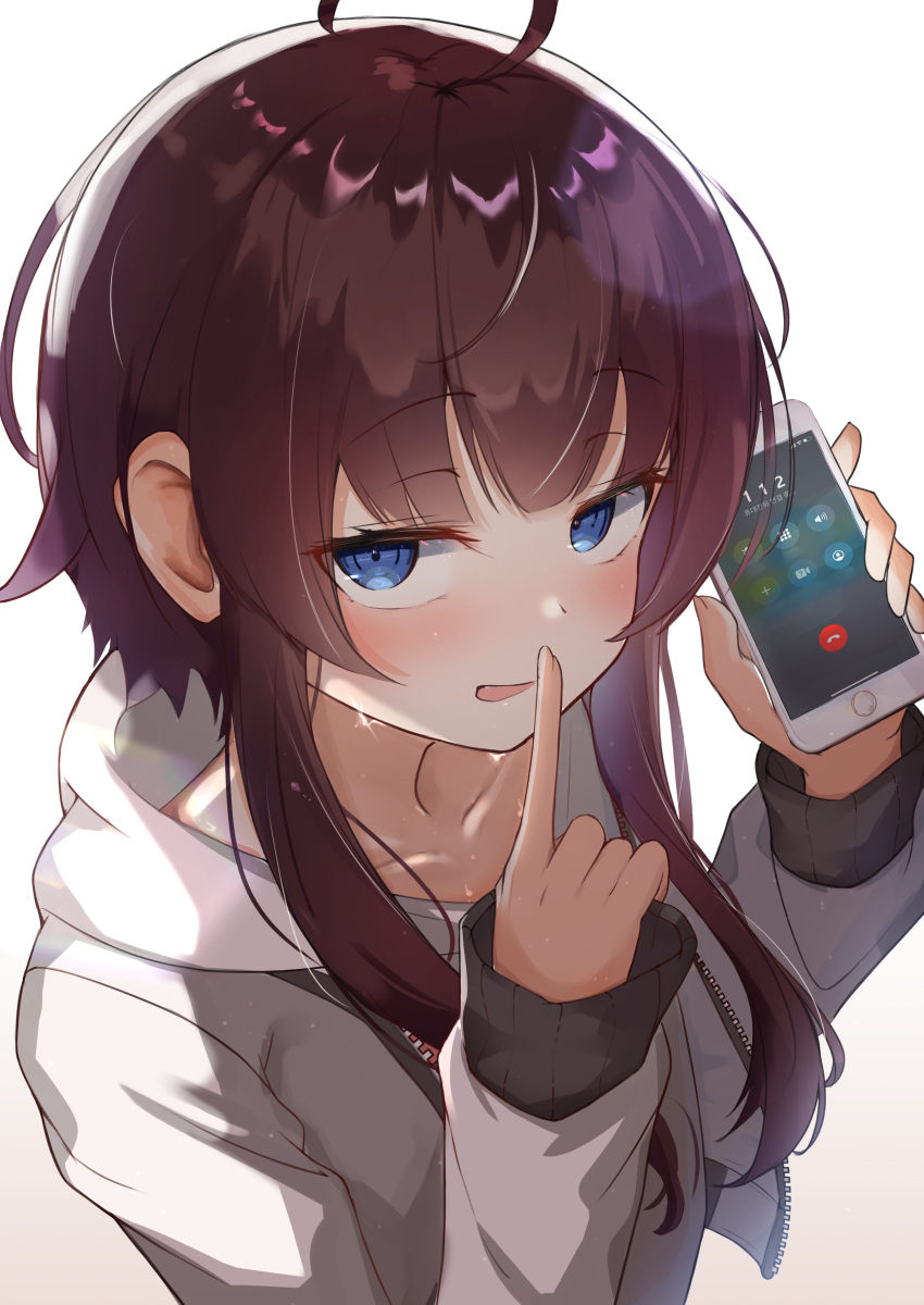 absurdres ahoge bad_id bad_pixiv_id blue_eyes blush brown_hair canizzz cellphone collarbone counter:side female finger_to_mouth highres hood hoodie korean_commentary korean_text long_sleeves looking_at_viewer phone shushing smartphone solo sweat talking_on_phone white_background yang_harim