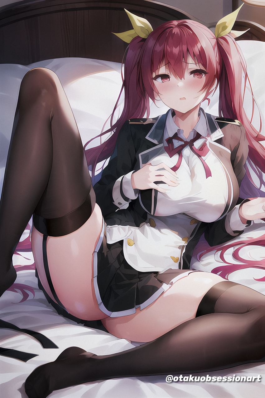 absurdres ai-generated black_skirt black_thighhighs breasts female hair_between_eyes highres large_breasts long_hair long_sleeves looking_at_viewer miniskirt no_shoes non-web_source on_bed pleated_skirt raised_eyebrows rakudai_kishi_no_cavalry red_hair red_ribbon ribbon school_uniform self-upload skirt solo spread_legs stella_vermillion thighhighs thighs twintails twitter_username