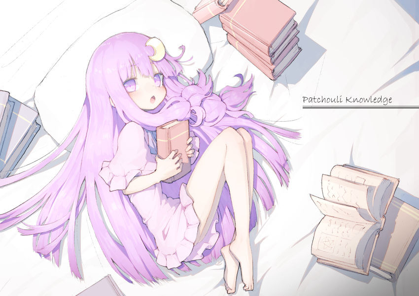 absurdres barefoot book character_name commentary_request crescent crescent_hair_ornament day dress female frilled_dress frilled_sleeves frills fukutchi hair_between_eyes hair_ornament highres holding holding_book long_hair no_headwear on_bed pajamas patchouli_knowledge pillow purple_dress purple_eyes purple_hair touhou