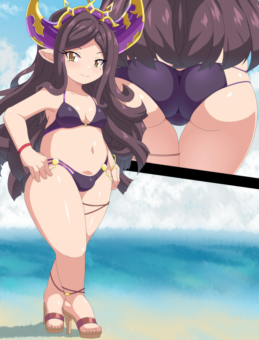 arulumaya ass bikini black_bikini bracelet breasts brown_hair crown curvy eyelashes fake_horns female granblue_fantasy harvin high_heels highres horns jewelry kihaiu leg_ribbon light_smile long_hair mole mole_under_eye multiple_views navel pointy_ears ribbon shortstack small_breasts swimsuit thigh_gap thigh_ribbon thighs very_long_hair yellow_eyes