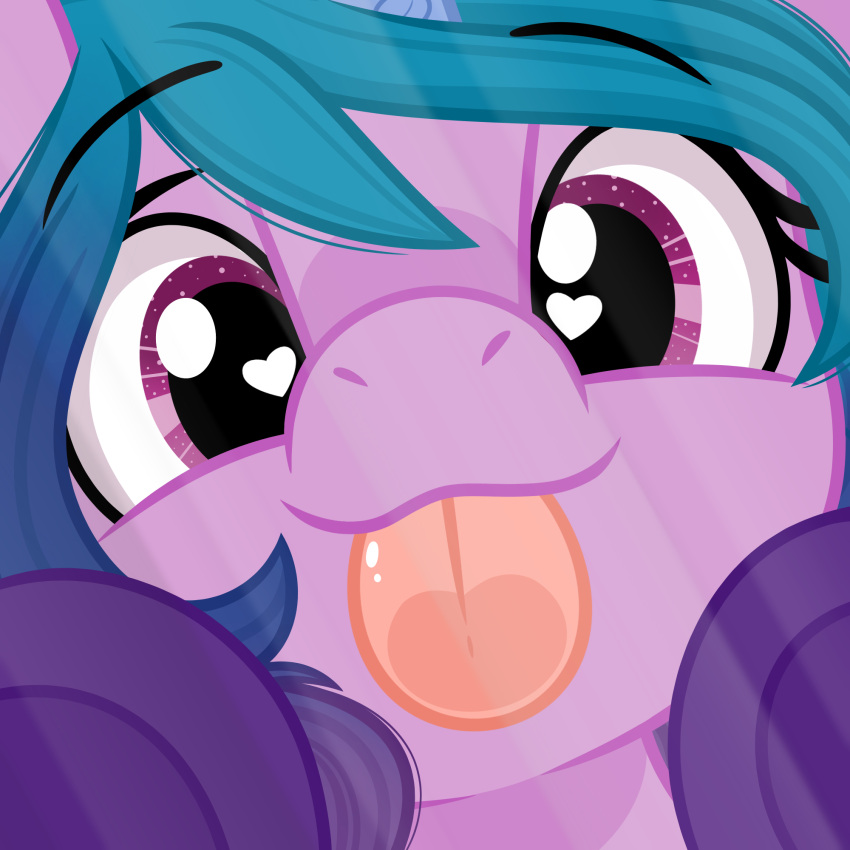 1:1 blue_hair breaking_the_fourth_wall digital_media_(artwork) emberslament equid equine eyebrow_through_hair eyebrows female feral hair hasbro heart_eyes heart_symbol hi_res hooves horn izzy_moonbow_(mlp) licking looking_at_viewer mammal mlp_g5 my_little_pony mythological_creature mythological_equine mythology purple_body purple_eyes purple_hooves solo tongue tongue_out translucent translucent_hair unicorn