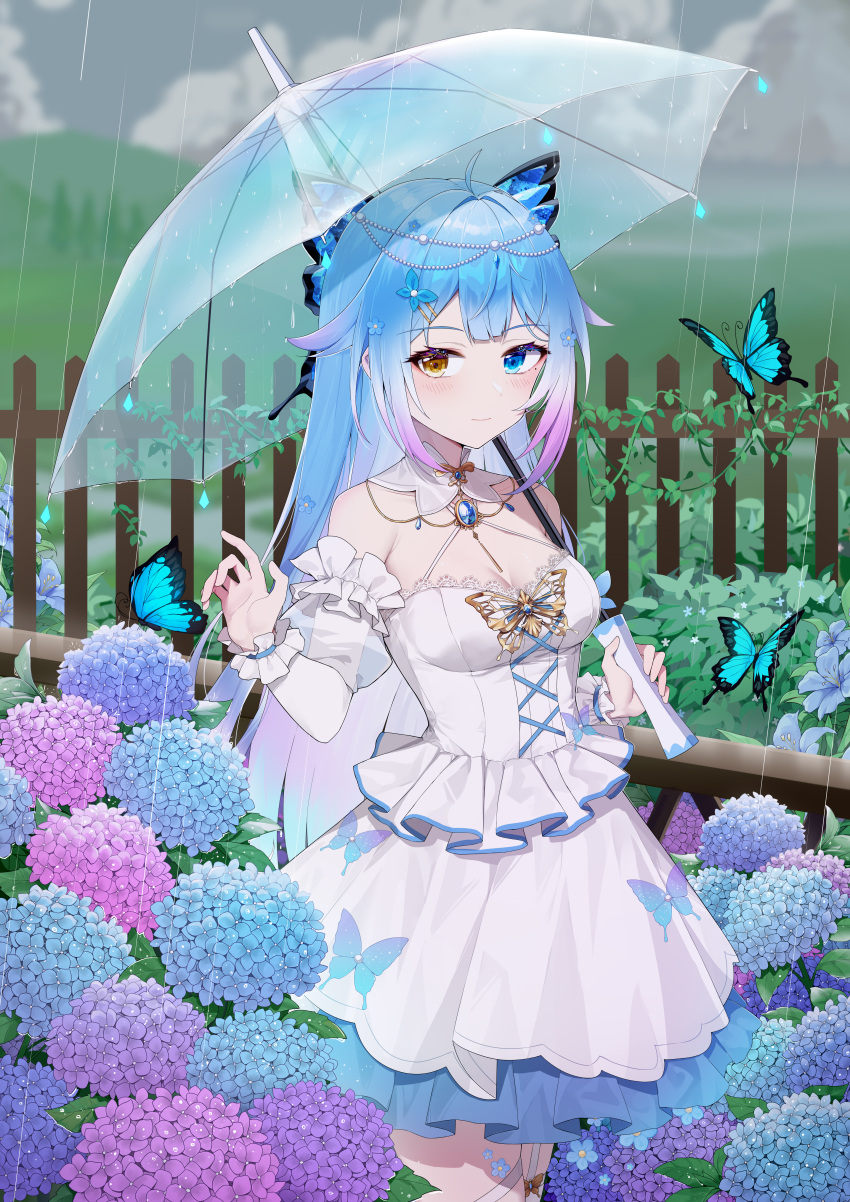 absurdres ameki_(virtuareal) animal atsuishio bare_shoulders blue_butterfly blue_eyes blue_flower blue_hair breasts brown_eyes bug butterfly butterfly_hair_ornament cleavage closed_mouth cloud cloudy_sky commentary_request day detached_sleeves dress female flower gradient_hair hair_ornament hairclip highres holding holding_umbrella hydrangea layered_sleeves long_sleeves looking_at_viewer medium_breasts multicolored_hair nijisanji outdoors pink_flower puffy_short_sleeves puffy_sleeves purple_flower purple_hair rain see-through see-through_sleeves short_over_long_sleeves short_sleeves sky smile solo transparent transparent_umbrella umbrella virtual_youtuber virtuareal white_dress white_sleeves