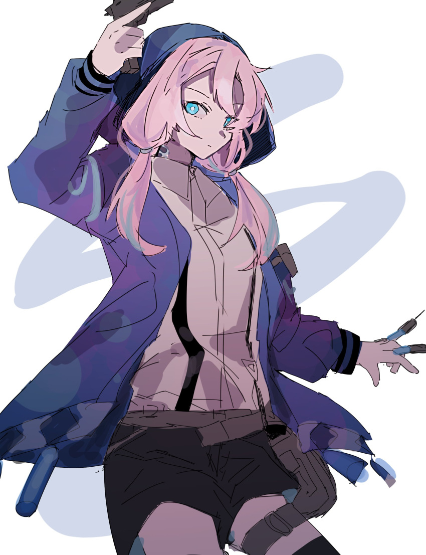 absurdres arknights bad_id bad_twitter_id blue_eyes blue_jacket blue_poison_(arknights) blue_poison_(elite_ii)_(arknights) closed_mouth crossbow female highres holding holding_crossbow holding_weapon hood hood_up hooded_jacket jacket low_twintails oyatsu0425 pink_hair shirt shorts solo suspender_shorts suspenders twintails weapon white_shirt