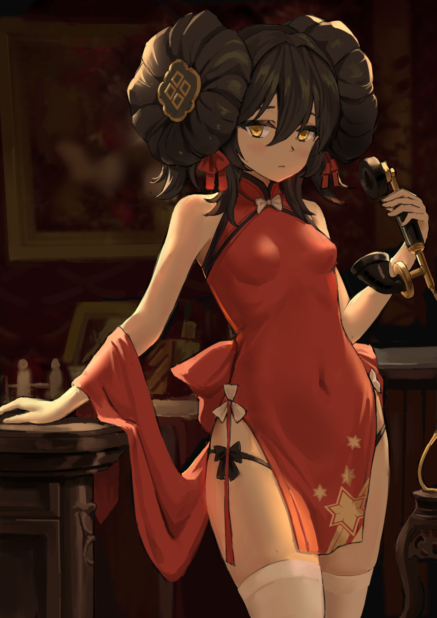 absurdres bare_arms bare_shoulders black_hair black_panties breasts china_dress chinese_clothes chinese_commentary closed_mouth commentary_request covered_navel cowboy_shot double_bun dress female girls'_frontline hair_between_eyes hair_bun hair_ribbon highres holding long_hair looking_at_viewer medium_breasts official_alternate_costume panties partial_commentary pelvic_curtain phone qianqiu_wanxia red_dress ribbon shawl side-tie_panties sleeveless sleeveless_dress solo standing thighhighs thighs type_97_(girls'_frontline) type_97_(peony)_(girls'_frontline) underwear white_thighhighs yellow_eyes