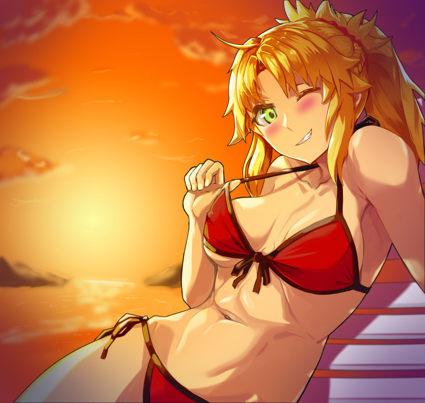 ;) absurdres ahoge beach_chair bikini blonde_hair blush breasts cloud covered_nipples fate/grand_order fate_(series) female ghgnvm green_eyes groin halterneck highres long_hair medium_breasts mordred_(fate) mordred_(swimsuit_rider)_(fate) mordred_(swimsuit_rider)_(first_ascension)_(fate) navel one_eye_closed photoshop_(medium) ponytail red_bikini red_scrunchie red_sky scrunchie sky smile solo strap_gap strap_pull string_bikini swimsuit thighs