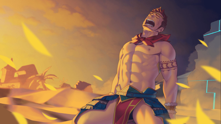 1boy abs arm_tattoo bad_source bara biceps bracelet chest_tattoo closed_eyes crying desert diadem ear_piercing earrings facial_hair gyee highres itto_(mentaiko) jewelry kong_(gyee) large_pectorals male_focus male_swimwear manly mature_male muscular muscular_male navel nipples official_art open_mouth palm_tree pectorals piercing red_hair ruins sand scarf skirt solo spiked_hair squatting stubble sunset swim_briefs tattoo tears thick_arms thick_eyebrows thick_thighs thighs topless_male tree