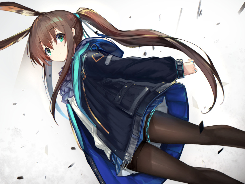 alternate_eye_color amiya_(arknights) animal_ears arknights black_jacket black_pantyhose blue_neckwear bridal_garter brown_hair closed_mouth commentary_request dutch_angle extra_ears feet_out_of_frame female green_eyes grey_background hair_between_eyes highres jacket jewelry long_hair long_sleeves looking_at_viewer material_growth multiple_rings oripathy_lesion_(arknights) pantyhose ponytail rabbit_ears ring solo standing yki