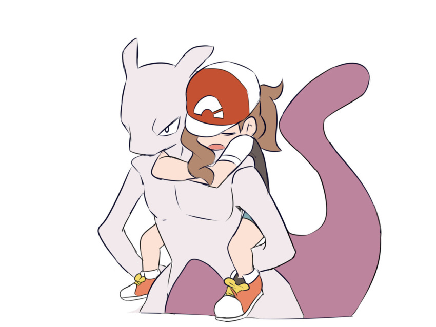 ayumi_(pokemon) baseball_cap brown_hair carrying closed_eyes commentary creature english_commentary female gen_1_pokemon hat legendary_pokemon long_hair mewtwo pokemon pokemon_(creature) pokemon_(game) pokemon_lgpe ponytail shoes simple_background sleeping white_background