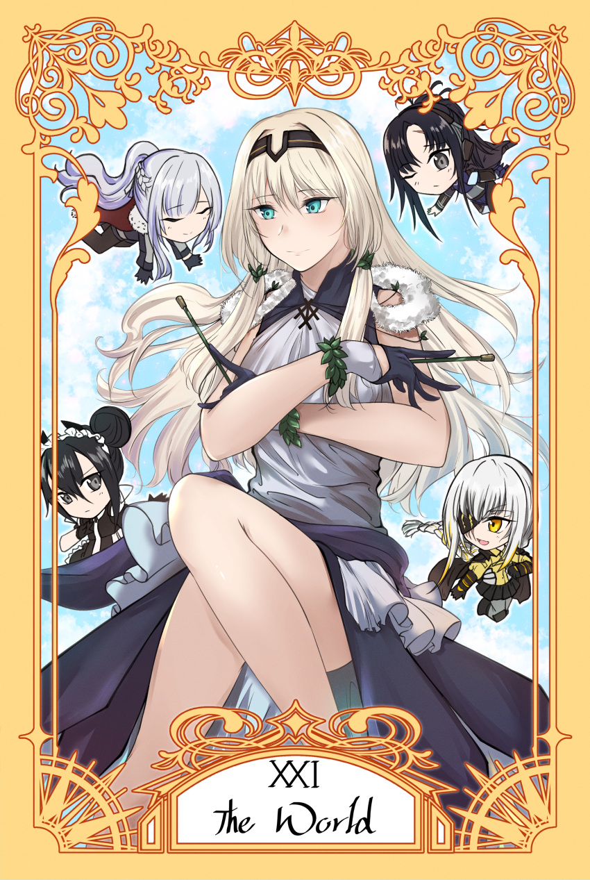 5girls absurdres agent_(girls'_frontline) ak-12_(girls'_frontline) an-94_(girls'_frontline) angelia_(girls'_frontline) bare_legs black_hair blonde_hair blue_cape blue_gloves blush cape chibi closed_eyes commentary_request crossed_arms english_text girls'_frontline gloves green_eyes grey_eyes grey_hair hair_ornament hairband highres looking_at_viewer m16a1_(boss)_(girls'_frontline) m16a1_(girls'_frontline) maid maid_headdress multiple_girls one_eye_closed open_mouth roman_numeral sangvis_ferri scar scar_across_eye scar_on_face simple_background smile stigmamyu tarot tarot_(medium) the_world_(tarot) wand white_hair yellow_eyes