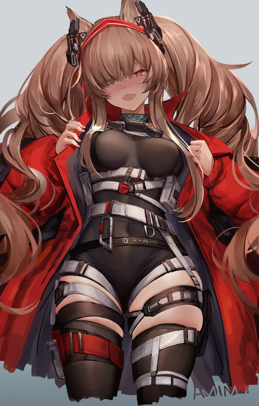 :d alternate_costume am1m angelina_(arknights) angelina_(distinguished_visitor)_(arknights) animal_ears arknights artist_name ass_visible_through_thighs belt black_choker black_leotard black_thighhighs blush breasts breasts_apart brown_hair chinese_commentary choker coat commentary_request covered_navel cropped_legs eyes_visible_through_hair female fox_ears grey_background hair_over_one_eye hairband head_tilt headgear highres large_breasts leotard long_hair long_sleeves looking_at_viewer nail_polish nose_blush official_alternate_costume open_clothes open_coat open_mouth pink_nails pouch red_coat red_eyes red_hairband sidelocks simple_background skin_tight skindentation smile solo thigh_strap thighhighs thighs twintails undressing very_long_hair wavy_mouth white_belt