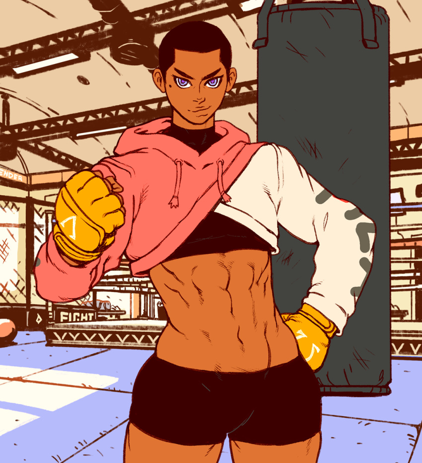 abs androgynous black_hair black_sports_bra buzz_cut cowboy_shot cromwaits cropped_hoodie dark-skinned_female dark_skin drawstring edie_crop_hoodie female flat_chest gloves highres hood hood_down hoodie indoors johanna_(cromwaits) meme_attire mole mole_under_eye muscular muscular_female navel obliques original purple_eyes short_hair solo sports_bra tomboy very_short_hair yellow_gloves