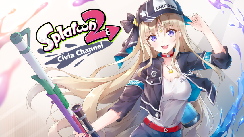 :d baseball_cap belt black_jacket black_ribbon blonde_hair blush breasts character_name choker civia clothes_writing collarbone commentary_request copyright_name english_text female gun hat head_tilt highres hololive hololive_china jacket jewelry kebin_no_shio_amaou logo long_hair looking_at_viewer medium_breasts necklace open_mouth paint purple_eyes ribbon rifle scope shirt smile solo splat_charger_(splatoon) splatoon_(series) splatoon_2 star_(symbol) star_necklace star_print very_long_hair virtual_youtuber weapon white_shirt