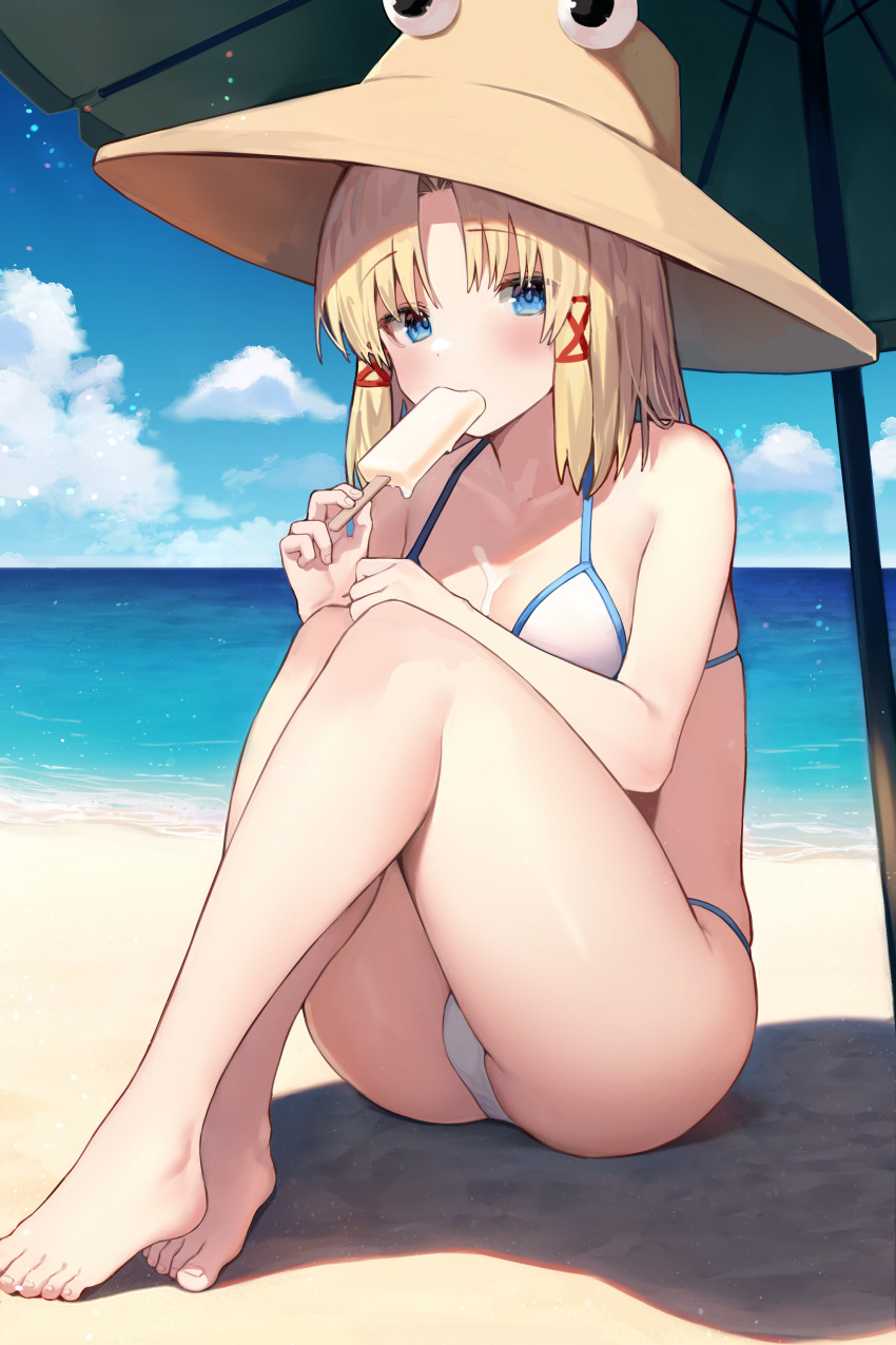 absurdres bare_arms bare_legs bare_shoulders barefoot beach bikini blonde_hair blue_eyes blush brown_hat collarbone commentary_request day feet female food hair_ribbon hat highres holding holding_food legs mamemochi moriya_suwako ocean outdoors parasol popsicle red_ribbon ribbon short_hair solo swimsuit toes touhou tress_ribbon umbrella white_bikini