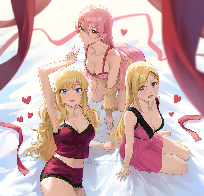 3girls :d alternate_costume arm_support arm_up armpits bare_arms bare_shoulders barefoot blonde_hair blue_eyes blush breasts camisole cleavage commentary crop_top dress fanbox_username from_above fujimoto_rina hair_between_eyes heart highres idolmaster idolmaster_cinderella_girls idolmaster_cinderella_girls_starlight_stage jougasaki_mika kneeling lace-trimmed_shorts lace_trim large_breasts leaning_back leaning_forward long_hair looking_at_viewer medium_breasts midriff multiple_girls nhaliz nightgown ohtsuki_yui on_bed paid_reward_available parted_bangs patreon_username pink_hair purple_eyes red_camisole red_shorts sexy_gals_(idolmaster) short_dress shorts sidelocks signature sitting sleepwear sleeveless sleeveless_dress smile spaghetti_strap thighs v wavy_hair web_address yellow_eyes yokozuwari