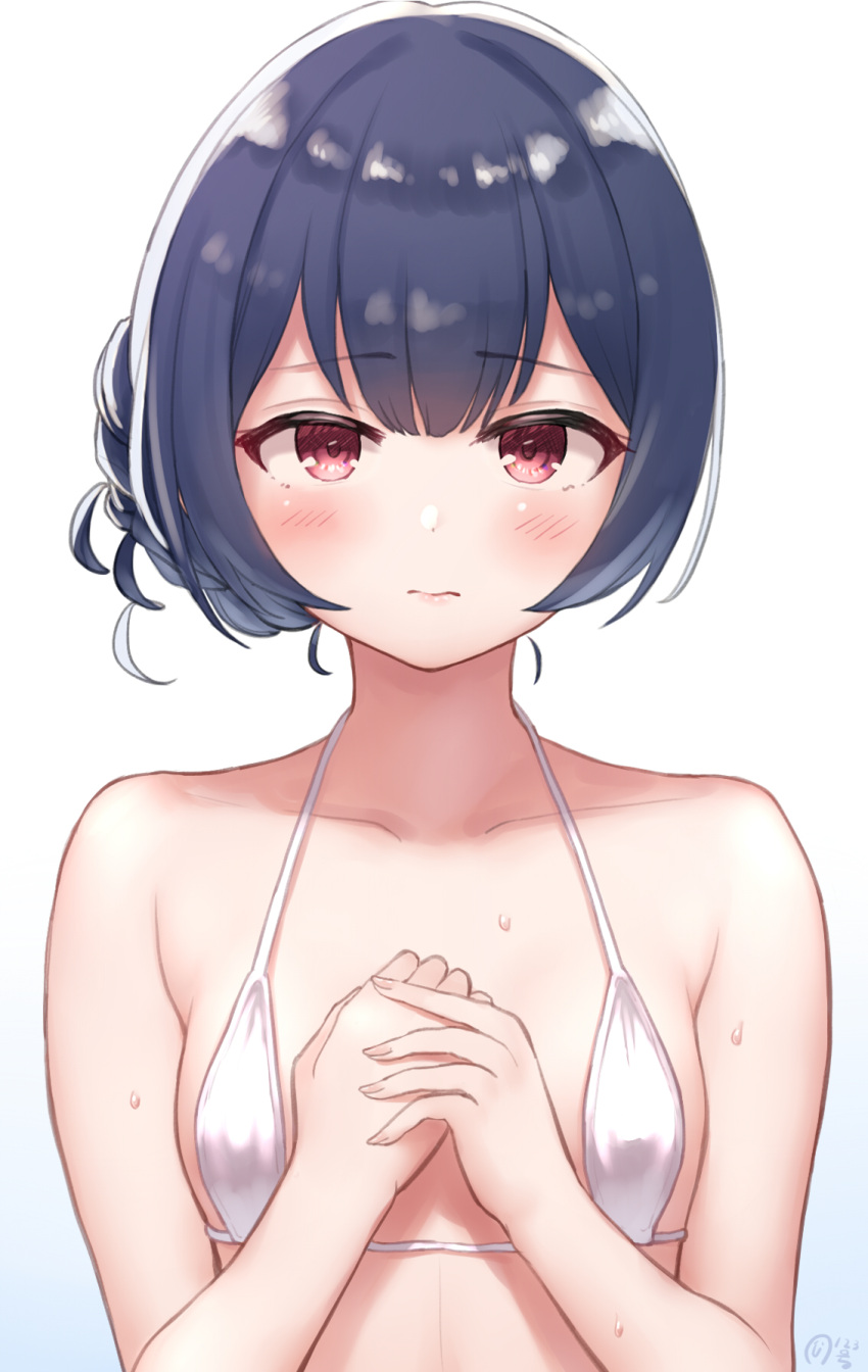 bikini blue_background blue_hair blush breasts closed_mouth collarbone commentary_request female fingernails gradient_background highres idolmaster idolmaster_shiny_colors kijibato_123-gou looking_at_viewer micro_bikini morino_rinze red_eyes short_hair simple_background small_breasts solo swimsuit white_background