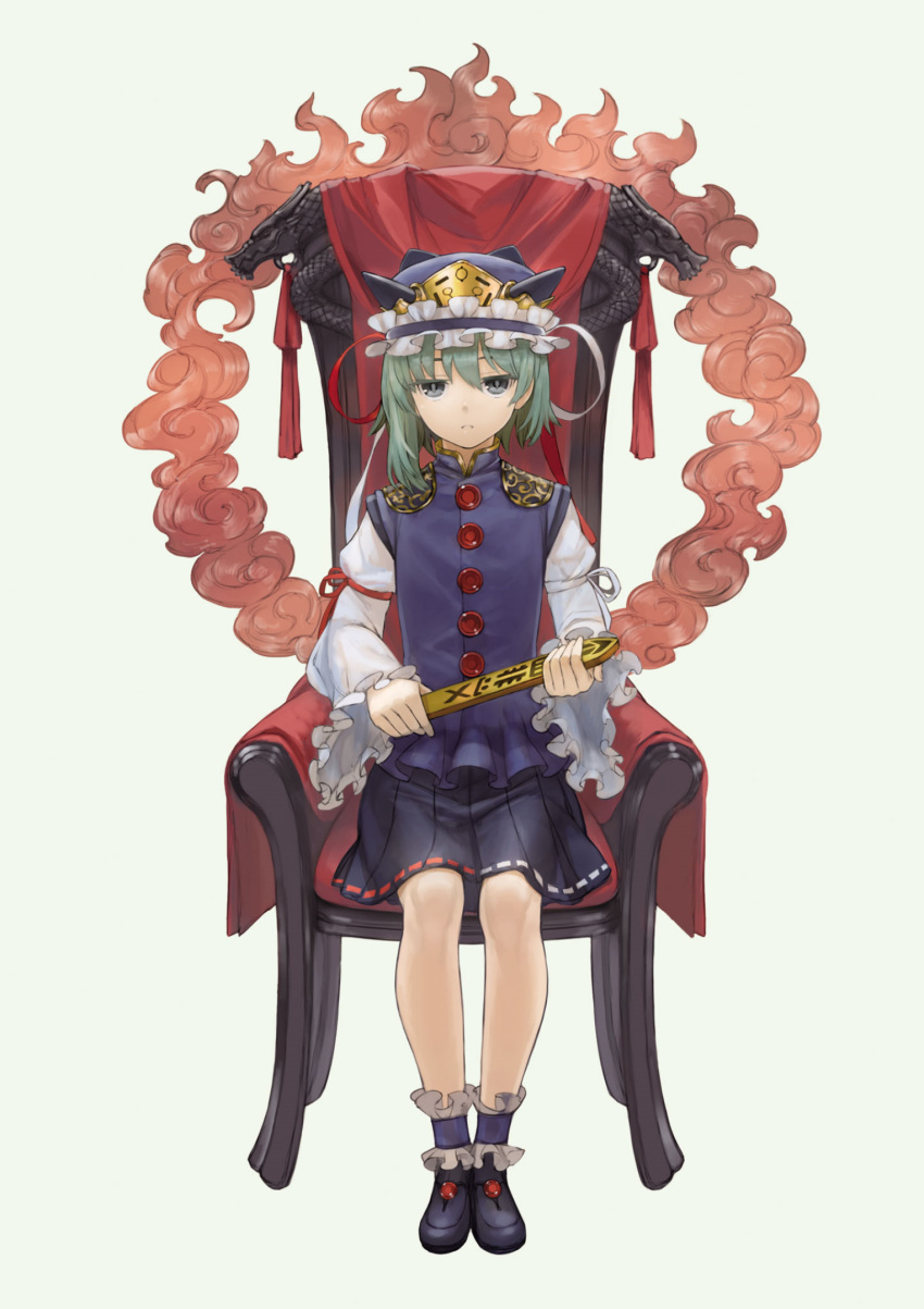 ankle_cuffs ankle_garter asymmetrical_hair black_footwear black_skirt blue_hat blue_vest buttons chair closed_mouth eyebrows_hidden_by_hair female frown full_body green_eyes green_hair grey_background hat highres holding leg_ribbon looking_at_viewer masakichi_(mmw) medium_hair official_art on_chair red_ribbon ribbon ribbon-trimmed_skirt ribbon_trim rod_of_remorse shiki_eiki shoes simple_background sitting skirt solo strange_creators_of_outer_world third-party_source touhou vest white_ribbon white_sleeves