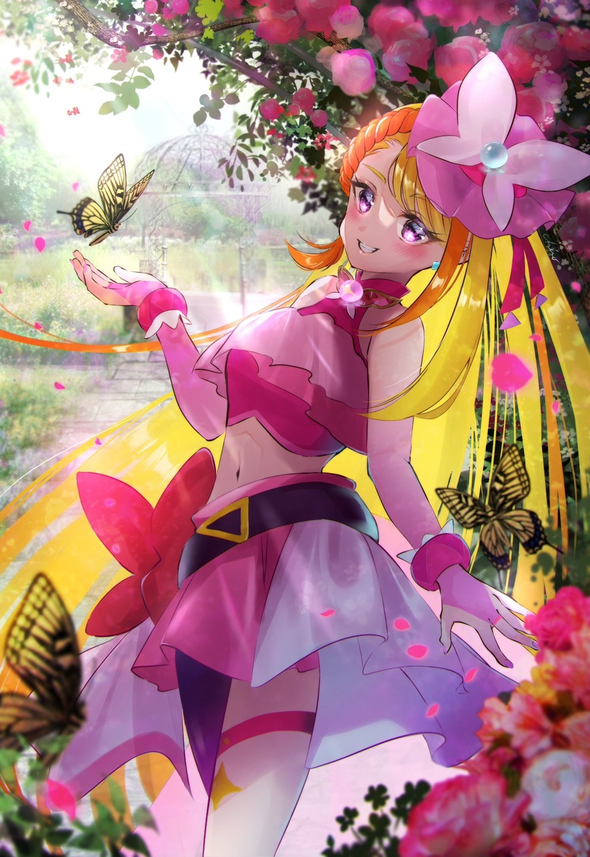 :d asymmetrical_clothes asymmetrical_legwear bare_shoulders blonde_hair blush braid bug butterfly commentary_request cure_butterfly earrings eyelashes female flower hair_ornament happy highres hijiri_ageha hirogaru_sky!_precure jewelry long_hair looking_at_viewer magical_girl midriff minccino7 multicolored_hair navel orange_hair pink_skirt pink_tank_top precure purple_eyes single_braid single_leg_pantyhose skirt smile solo standing streaked_hair tank_top two-tone_hair