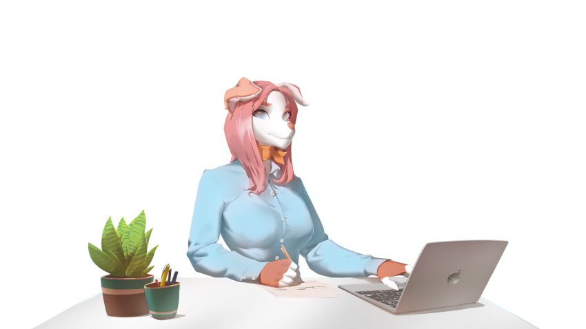 absurd_res alpha_channel anthro big_breasts breasts canid canine canis clothed clothing computer desk domestic_dog electronics female furniture hi_res laptop looking_at_viewer mammal okata pencil_holder plant simple_background smile smiling_at_viewer solo table transparent_background