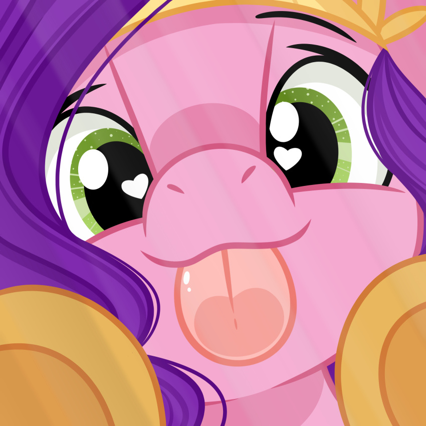 1:1 2023 blep breaking_the_fourth_wall bust_portrait close-up digital_media_(artwork) emberslament equid equine eyebrows eyelashes female feral green_eyes hair hasbro heart_eyes heart_symbol hi_res hooves horse licking looking_at_viewer mammal mlp_g5 my_little_pony mythological_creature mythological_equine mythology pegasus pink_body pipp_petals_(mlp) pony portrait purple_hair smile solo tongue tongue_out underhoof wings