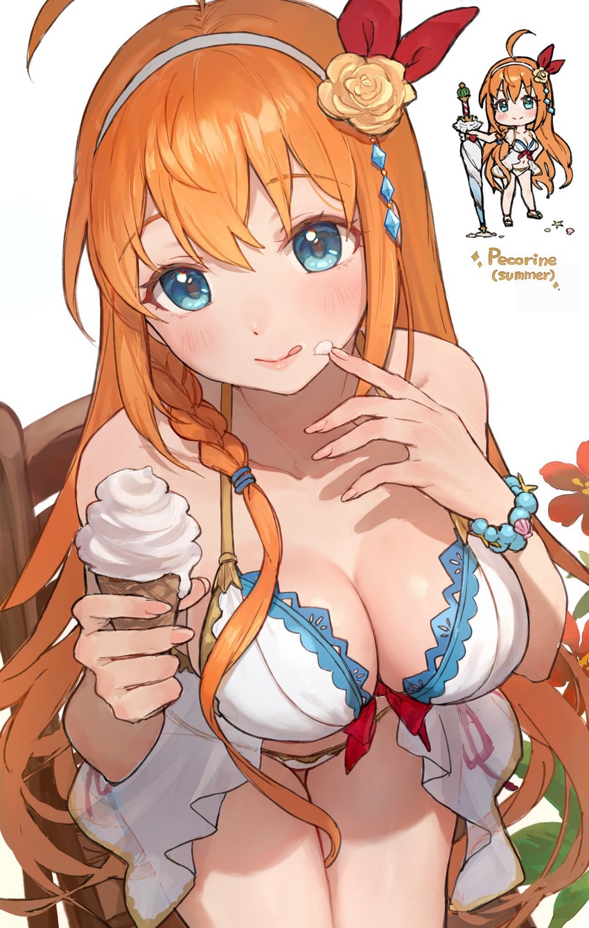 ahoge bare_shoulders bikini blue_eyes blush braid breasts chibi cleavage collarbone female flower food hair_ribbon hairband highres ice_cream ice_cream_cone large_breasts licking_lips long_hair looking_at_viewer orange_hair pecorine_(princess_connect!) pecorine_(summer)_(princess_connect!) princess_connect! red_ribbon ribbon side_braid smile swimsuit takeashiro thighs tongue tongue_out white_bikini