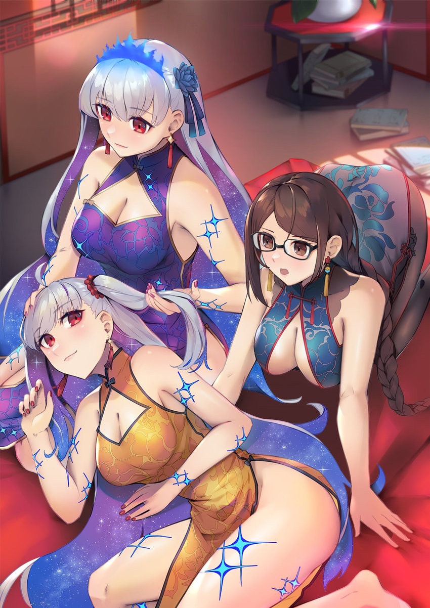 3girls all_fours bare_shoulders blue_dress blue_fire blue_hair blush body_markings bracelet braid braided_ponytail breasts brown_eyes brown_hair brown_pantyhose china_dress chinese_clothes cleavage cleavage_cutout clothing_cutout colored_inner_hair commission dress dual_persona earrings fate/grand_order fate_(series) fire flower genderswap_(mtf) glasses hair_flower hair_ornament hair_ribbon highres jewelry kama_(fate) kama_(swimsuit_avenger)_(fate) large_breasts long_hair lotus lying multicolored_hair multiple_girls nakaga_eri on_side open_mouth pantyhose pelvic_curtain purple_dress red_eyes red_trim ribbon rule_63 single_braid sitting skeb_commission smile star_(symbol) star_earrings swept_bangs tassel tassel_earrings thighs two-tone_hair very_long_hair white_hair yellow_dress yu_mei-ren_(fate) yu_mei-ren_(spare_the_idle_talk)_(fate)